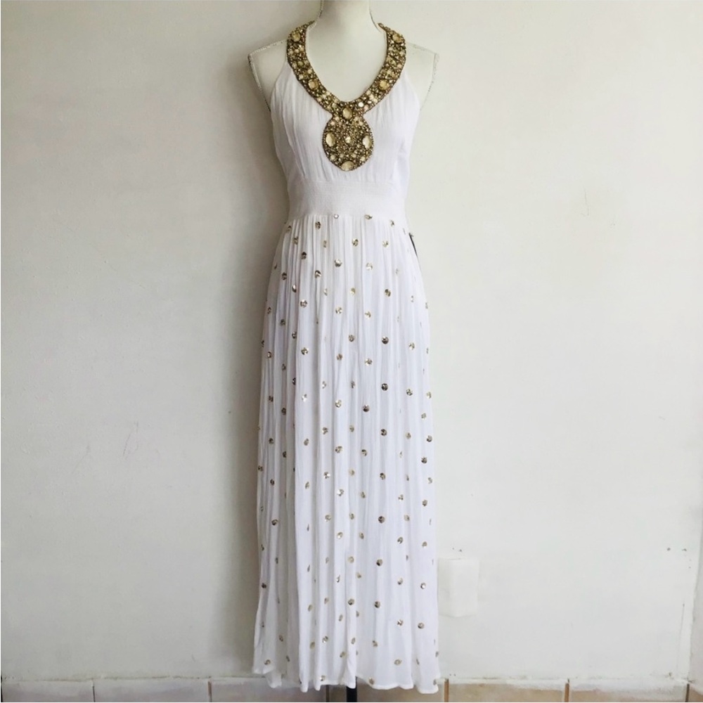 Boston Proper Cream Pleated Sequin Maxi Gown